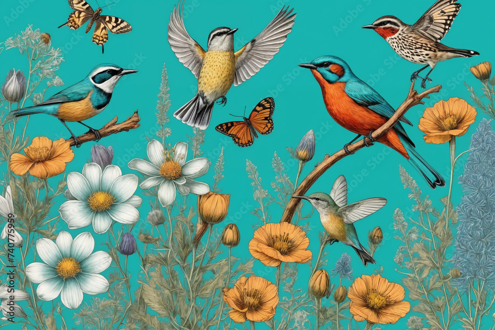 Obraz premium Hand drawn color blooming flowers, butterflies, birds on turquoise background. Generative Ai