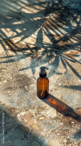 Amber spray bottle in stone benchtop scene