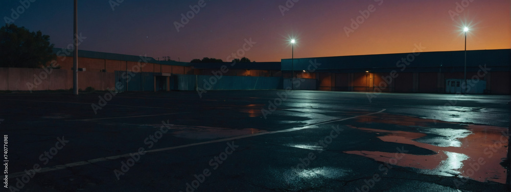 Abandoned parking lot with an empty asphalt surface, bathed in the glow of the night sky. - obrazy, fototapety, plakaty 