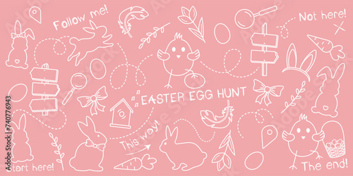 Easter egg hunt doodle set on a pastel pink background, hand-drawn with a thin white line. An outlined sketch vector pattern with a children's theme for an Easter quest.