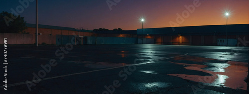 Abandoned parking lot with an empty asphalt surface, bathed in the glow of the night sky.