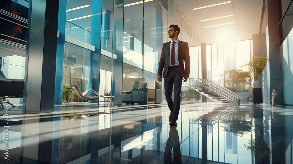 businessman walking in a modern office, confident businessman walks in office for business deal, corporate lifestyle, business confidence, walking business person 
