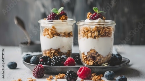 Granola, berries, yogurt in jars on wooden table with space for textperfect for food blogs or ads. photo