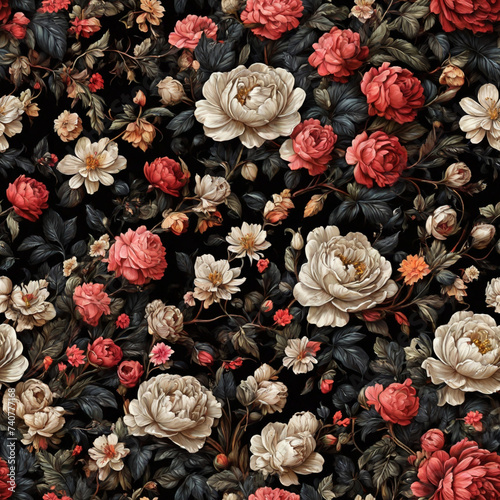 Sealess pattern with roses on black background. photo