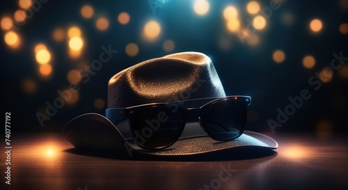 Sunglasses and hat on a dark background
