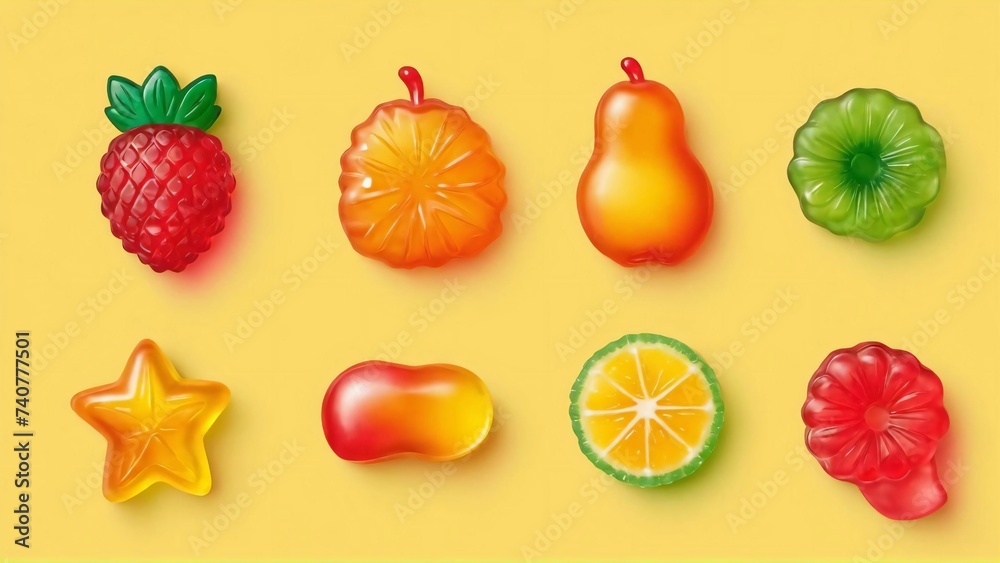 Colorful gummy candies. Soft gums in fruit shapes. Colorful gummy candies. Soft gums in fruit shapes.