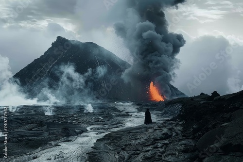 A lone figure confronts the fiery fury of a mountain, surrounded by billowing clouds and the rugged beauty of nature, as the earth trembles beneath the explosive eruption of a lava dome and the suffo photo