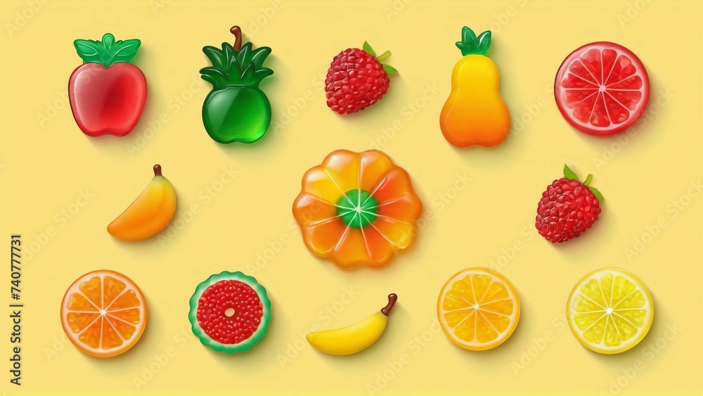 Colorful gummy candies. Soft gums in fruit shapes. - obrazy, fototapety, plakaty 