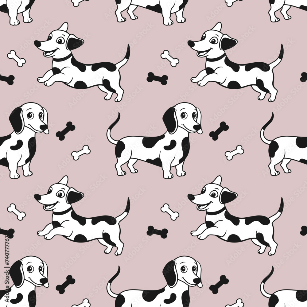 Obraz premium Seamless pattern with cute cartoon Dalmatian dogs on a light background. Vector illustration.