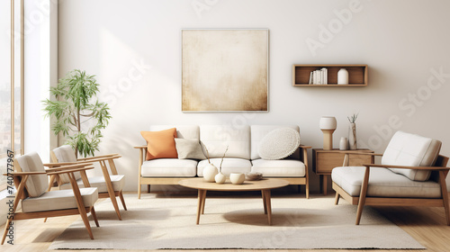living room with a modern white sofa with aesthetic white wall paint generative ai © Wijaya