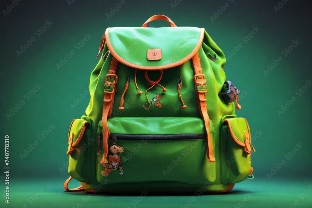 Light green backpack on a green background - obrazy, fototapety, plakaty 