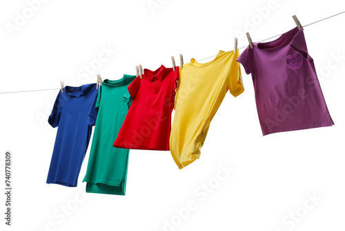 Colorful t-shirts drying on washing line isolated on white