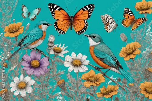 Hand drawn color blooming flowers, butterflies, birds on turquoise background. Generative Ai