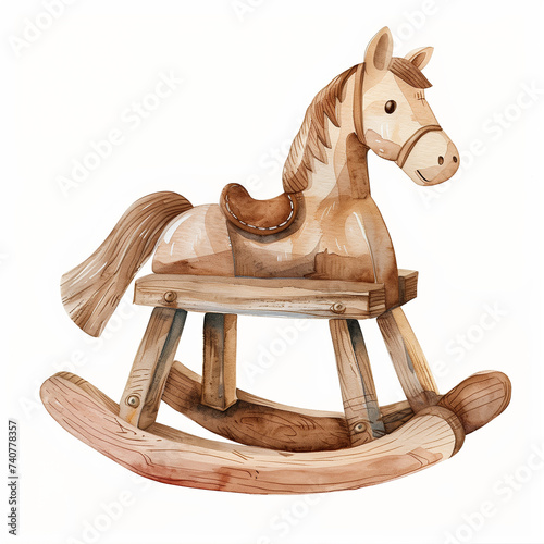 Watercolor illustration of a wooden toy rocking horse. Wooden toy horse watercolor illustration isolated.