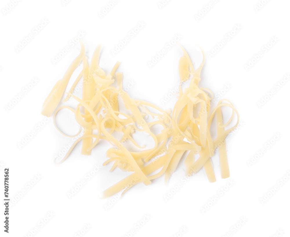 Obraz premium Tasty grated cheese isolated on white, top view