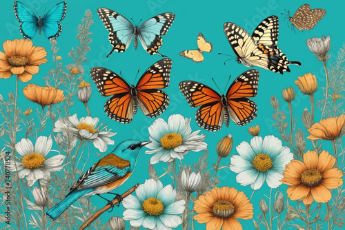 Hand drawn color blooming flowers  butterflies  birds on turquoise background. Generative Ai