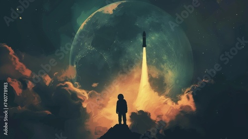 Man Standing on Hill With Rocket in Sky
