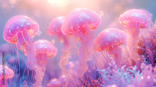 Beautiful Fairy Sparkling translucent surreal Jellyfishes Photo. Pink Pastel and Violet Iridescent Colors. Fantastic Wallpaper design. © Elen Koss