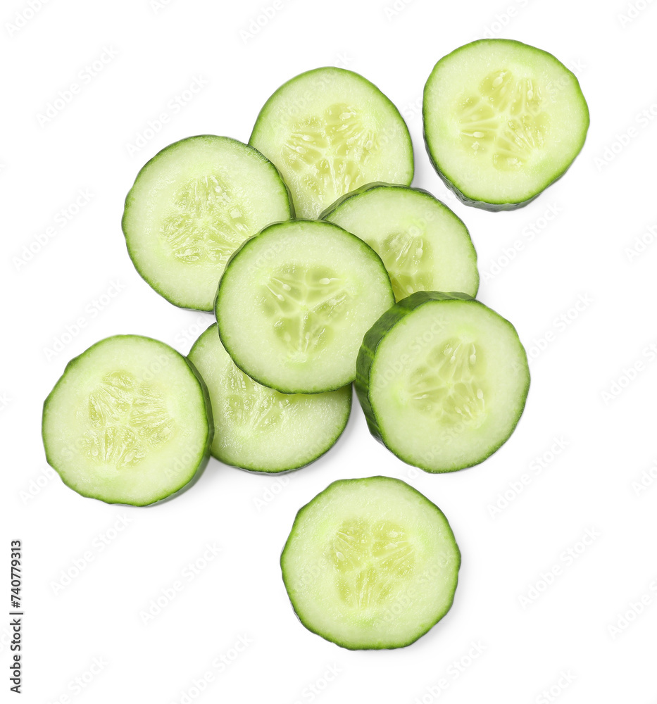 Pile of fresh cut cucumber isolated on white, top view Pile of fresh cut cucumber isolated on white, top view