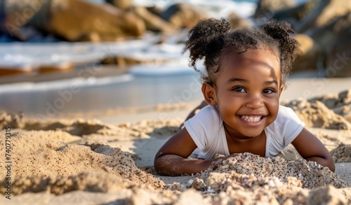 African child girl on the beach. Summer holiday concept. photo