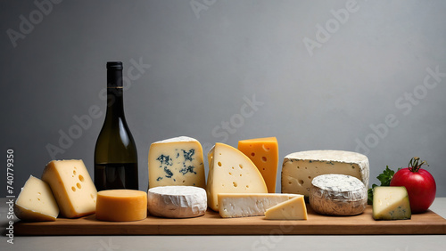 Gastronomic composition from different types of cheese and skewers with appetizers on wooden table. Products isolated on gray background