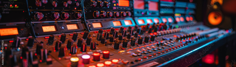 A close-up view of sound mixer console in a recording studio - obrazy, fototapety, plakaty 