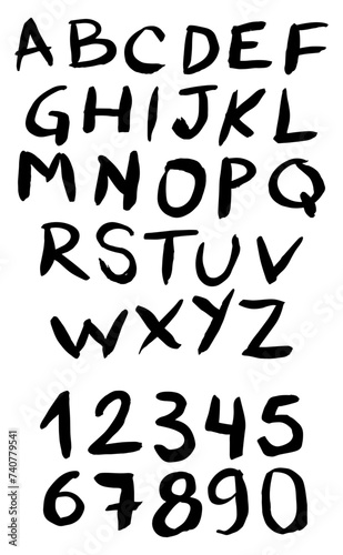 Handwritten alphabet with marker pen brush vector. 26 letters a to z and numbers, 0 to 9. Hand drawn, graphic resource, layout, design, social media. Complete font set collection.