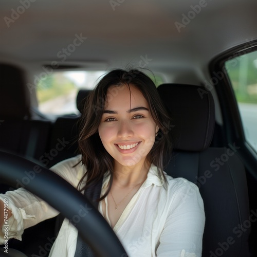 Portrait of asian woman driving inside car in summer time