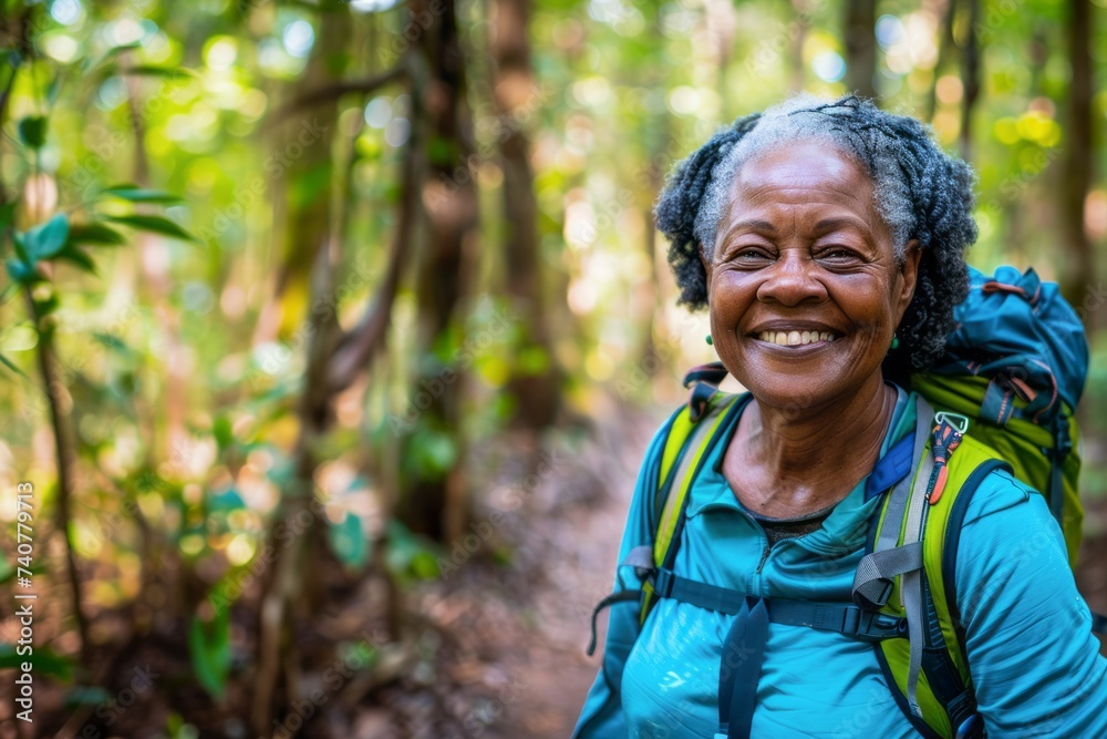 Portrait of happy senior woman with backpack smiling at camera in forest Portrait of happy senior woman with backpack smiling at camera in forest