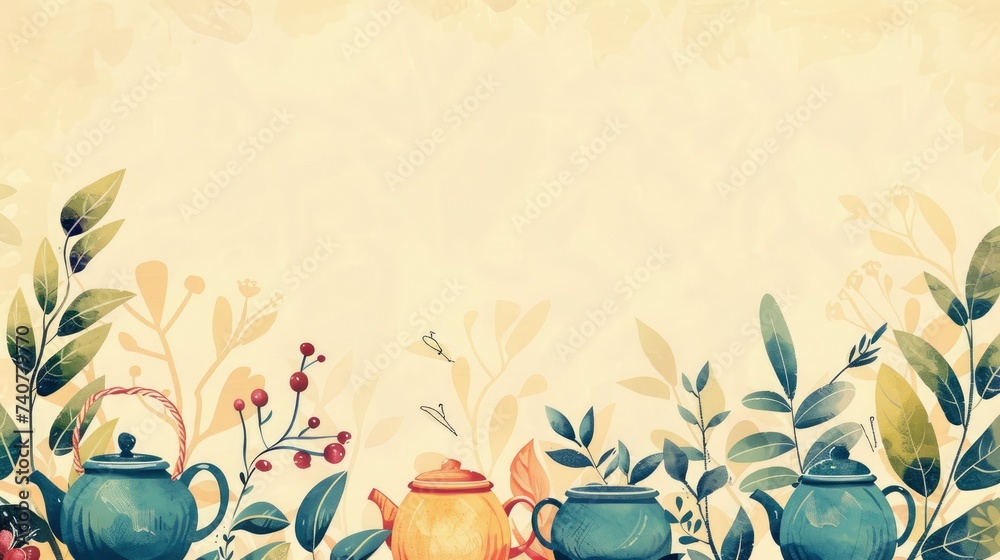 A background with illustrations of tea leaves, teapots, and tea cups. with text space - obrazy, fototapety, plakaty 
