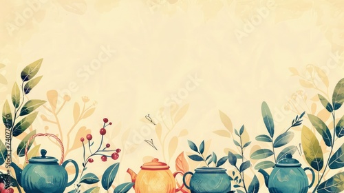 A background with illustrations of tea leaves, teapots, and tea cups. with text space
