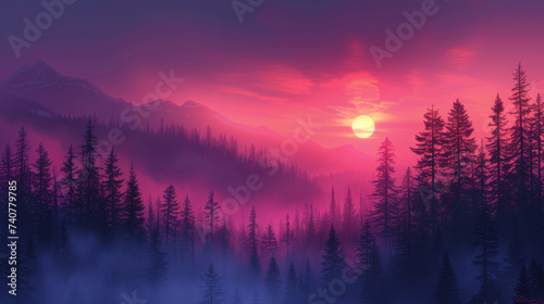 Sun Setting Over Mountains and Trees