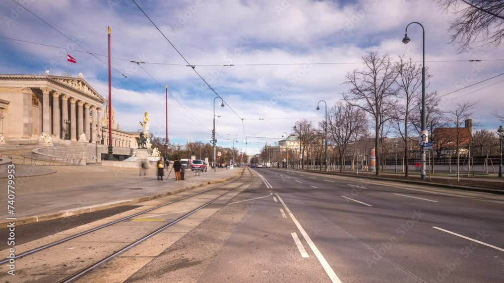 Vienna trafifc cars time lapse in front of The Austrian Parliament Building in Vienna vienna city.