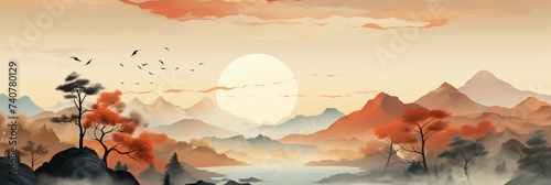 Wide panoramic watercolor drawing wallpaper of hill country mountain range landscape with mountain valley and bright evening sky and colorful clouds