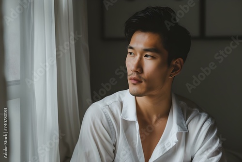 A Handsome Asian Man in White Pajamas: Capturing the Essence. Concept Asian Man, Photoshoot, White Pajamas, Handsome, Essence Capture