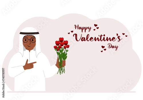 A happy man holds a bouquet of flowers in his hand. Next to the text Happy Valentine's Day. Concept for postcard, congratulations, banner or poster.