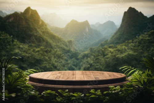 Wooden Round Podium For Product With Nature Background © Fauzan