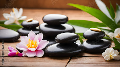 zen basalt stones and flowers on the wooden background. spa concept