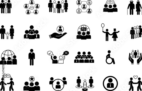 Black Set of People Icons. Vector Icons of Population, Teams, Family, Children, Seniors, Group, Humanity and Other