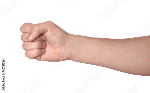 Playing rock, paper and scissors. Man making rock on white background, closeup