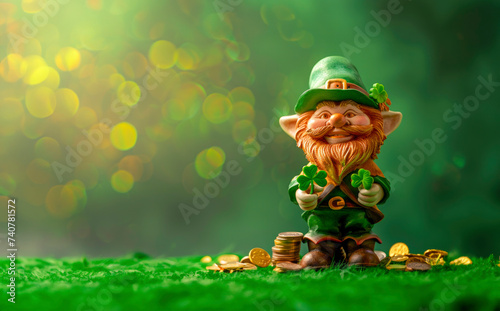 Cute Leprechaun holding shamrocks and gold coins on the side, green background
