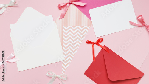 Composition with envelopes and blank cards. Invitation to a celebration, handwritten response to a gift. Top view, copy space, flatlay