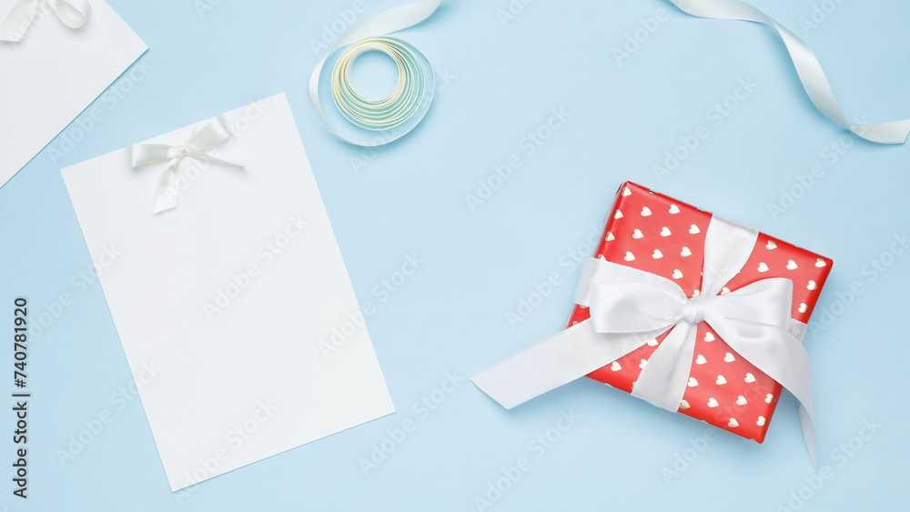 Fototapeta premium Gift for Valentine's Day, happy anniversary. Top view, copy space, flatlay