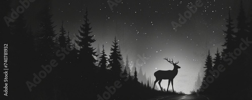 Deer Standing in Middle of Forest at Night