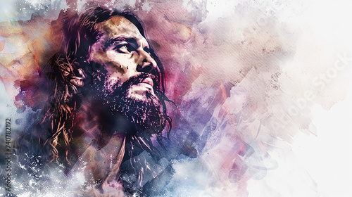 Watercolor painting of Jesus, space for copy