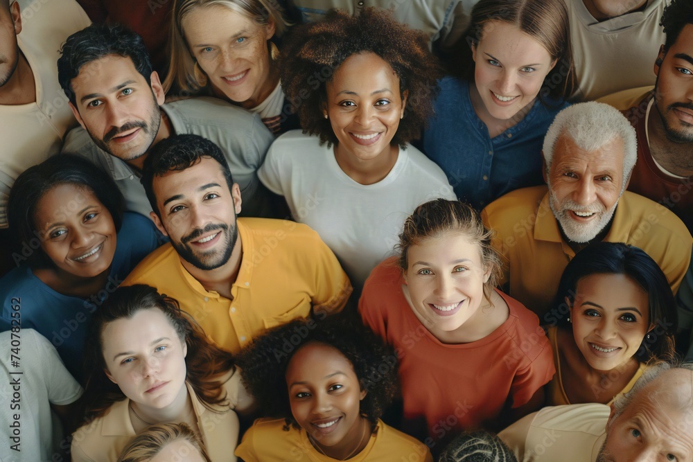 From directly above multi ethnic large group of people looking at camera