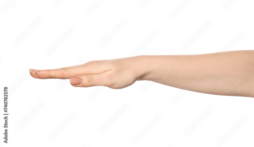 Playing rock, paper and scissors. Woman showing paper sign on white background, closeup Playing rock, paper and scissors. Woman showing paper sign on white background, closeup