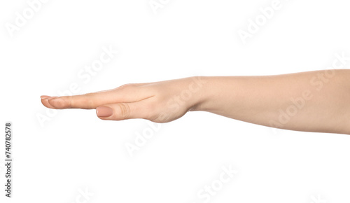 Playing rock, paper and scissors. Woman showing paper sign on white background, closeup