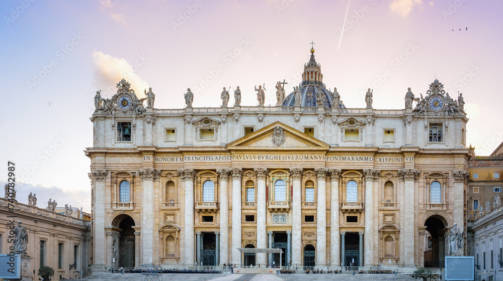 View of St. Peter's Basilica in Vatican. Many details, view, architecture and embellishments. Renaissance architecture. One of the popualr touristic destinations in Rome, Italy