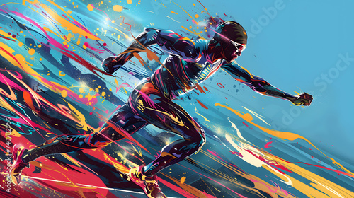 Vibrant Abstract Illustration: Energetic 100m Runner in Motion photo